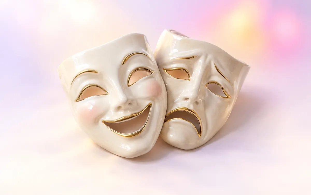 Ivory comedy and tragedy theatre masks with gold trim